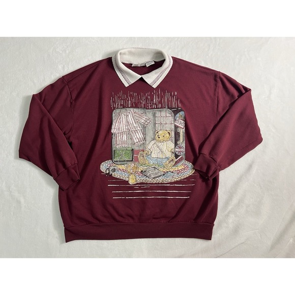 Basic Editions Tops - Basic Editions Burgundy Collared Pullover Sweatshirt Bear Graphic Women's L Fall
